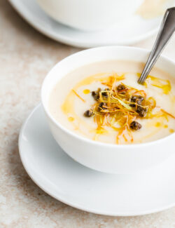 Simple Cauliflower Soup with Frizzled Leeks and Capers