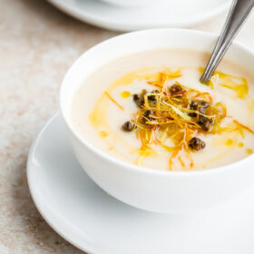 Simple Cauliflower Soup with Frizzled Leeks and Capers