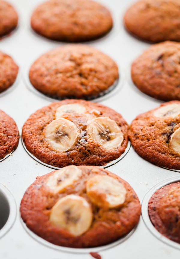 Banana Chocolate Chunk Espresso Muffins. Easy banana muffins studded with dark chocolate and infused with espresso! 
