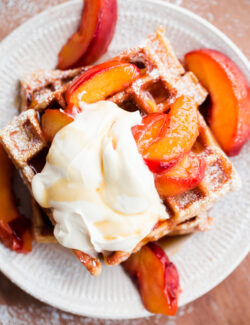 Beligan Buttermilk Waffles with Peaches and Mascarpone