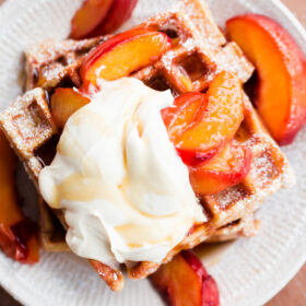 Beligan Buttermilk Waffles with Peaches and Mascarpone