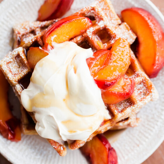 Belgian Buttermilk Waffles with Roasted Peaches and Vanilla Mascarpone