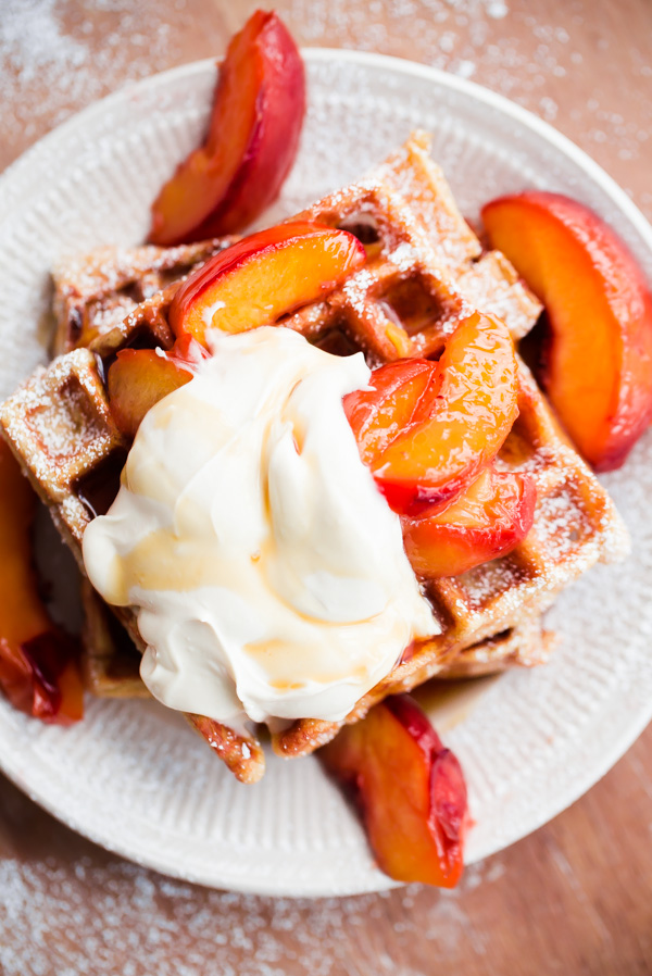 Beligan Buttermilk Waffles with Peaches and Mascarpone