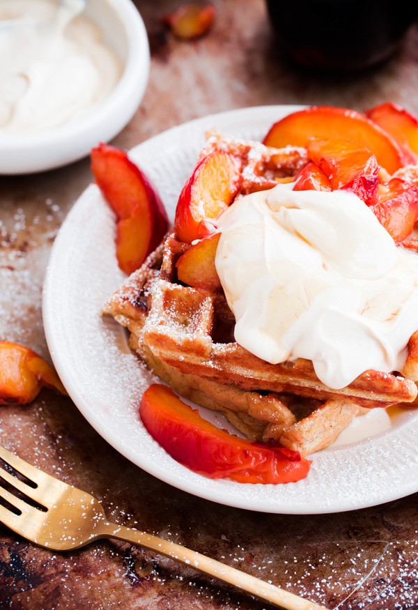 Beligan Buttermilk Waffles with Peaches and Mascarpone