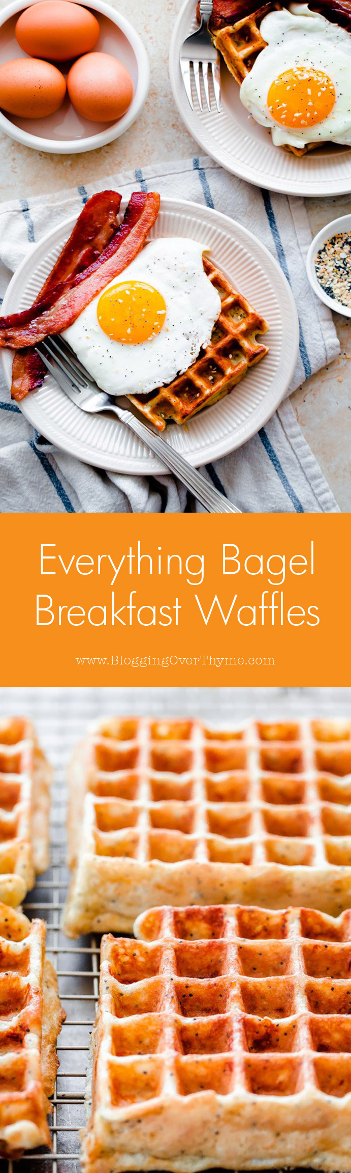 Everything Bagel Breakfast Waffles. Topped with sunny-side eggs and crispy bacon!