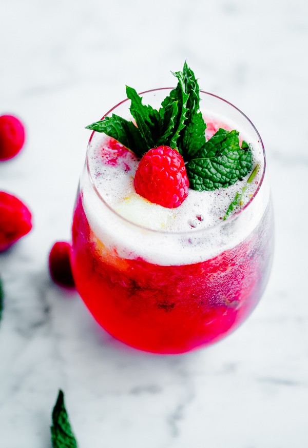 Sorbet Prosecco Floats with Muddled Raspberries and Mint