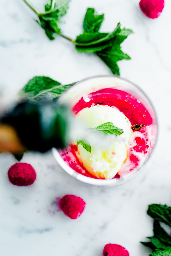 Sorbet Prosecco Floats with Muddled Raspberries and Mint