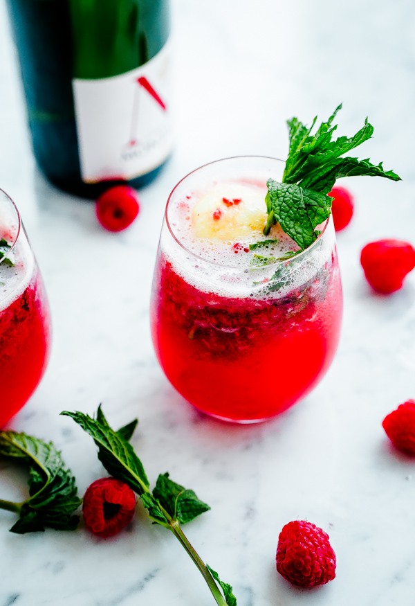 Sorbet Prosecco Floats with Muddled Raspberries and Mint