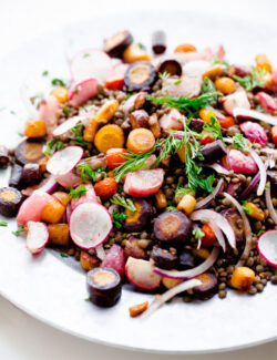 Roasted Carrot Lentil Salad with Radishes and Tahini Dressing
