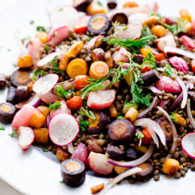 Roasted Carrot Lentil Salad with Radishes and Tahini Dressing