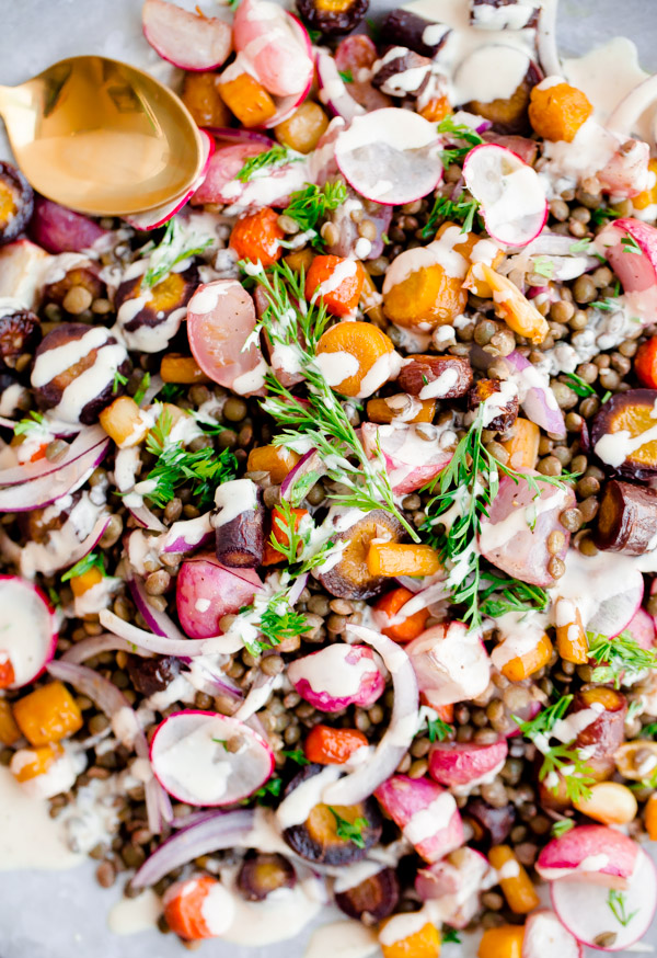 Roasted Carrot Lentil Salad with Tahini Dressing. A hearty, protein-packed salad for fall! 