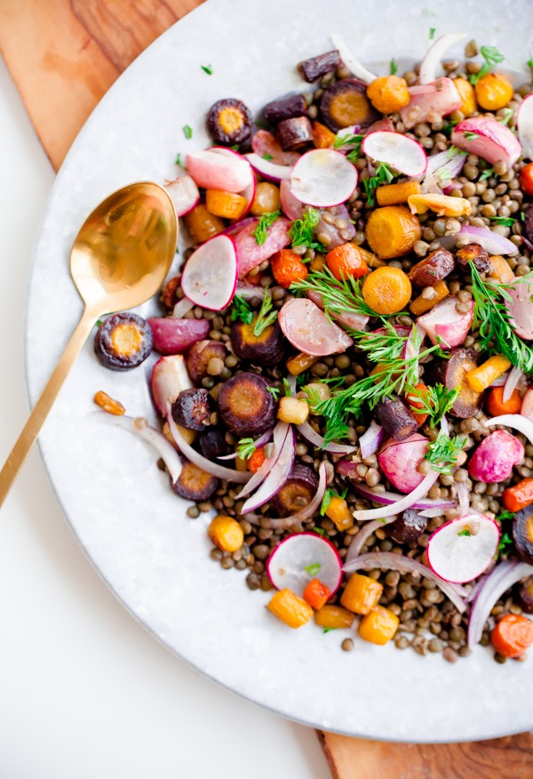 Roasted Carrot Lentil Salad with Radishes and Tahini Dressing