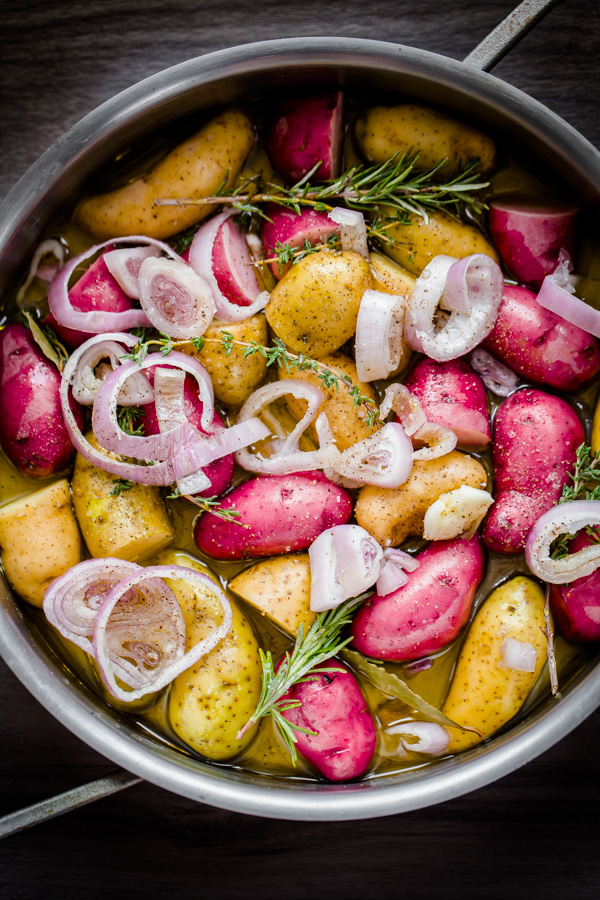 Braised Fingerling Potatoes with Garlic Shallots and Fresh Herbs