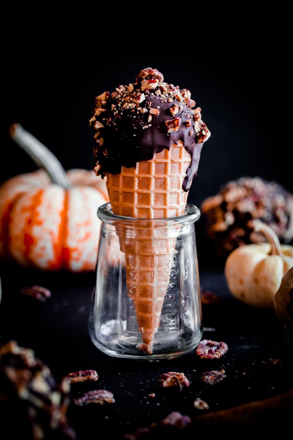 Pumpkin Ice Cream Drumsticks with Chocolate and Candied Pecans