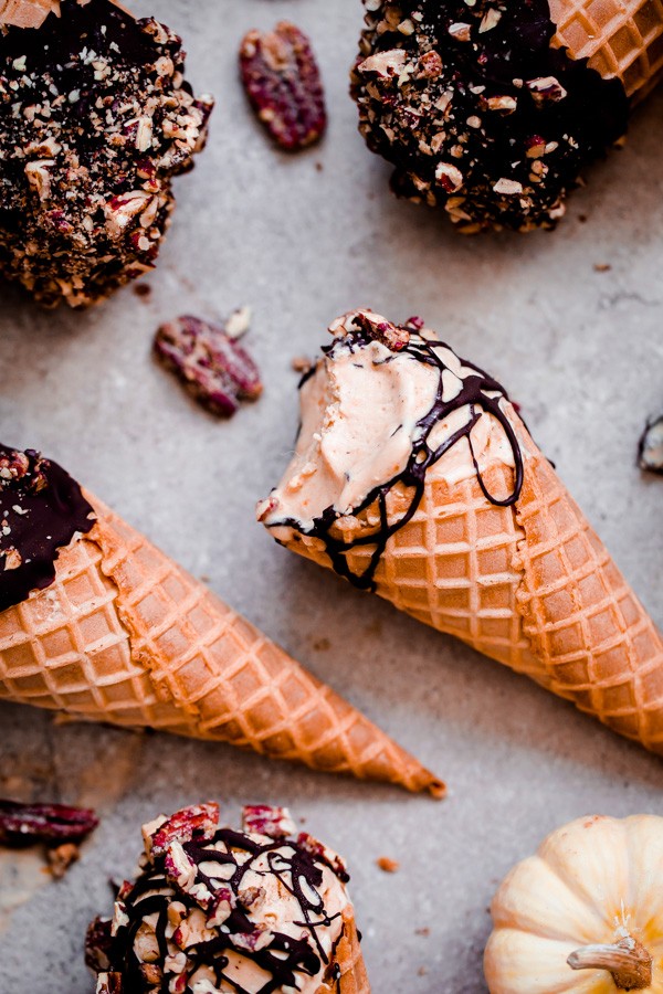 Pumpkin Ice Cream Drumsticks with Chocolate and Candied Pecans