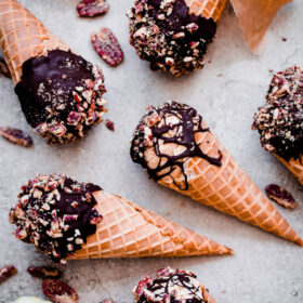 Pumpkin Ice Cream Drumsticks with Chocolate and Candied Pecans