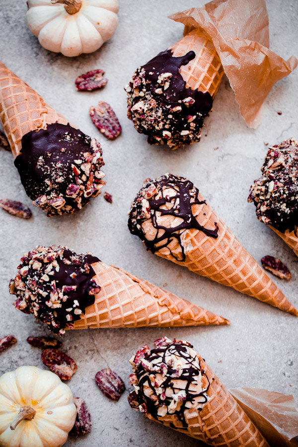 Pumpkin Ice Cream Drumsticks with Chocolate and Candied Pecans