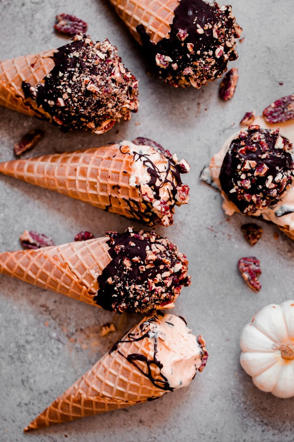 Pumpkin Ice Cream Drumsticks with Chocolate and Candied Pecans