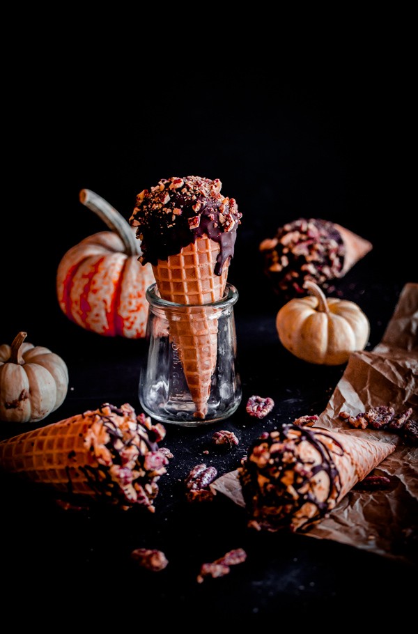 Pumpkin Ice Cream Drumsticks with Chocolate and Candied Pecans