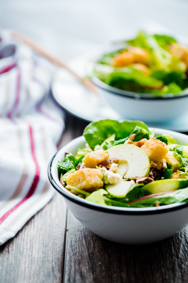 Apple and Gem Lettuce Salad with Candied Pecan, Feta, and Sourdough Croutons