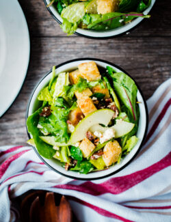 Apple and Gem Lettuce Salad with Candied Pecan, Feta, and Sourdough Croutons