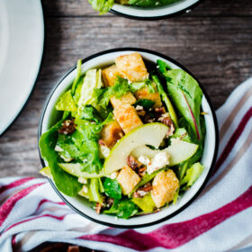 Apple and Gem Lettuce Salad with Candied Pecan, Feta, and Sourdough Croutons