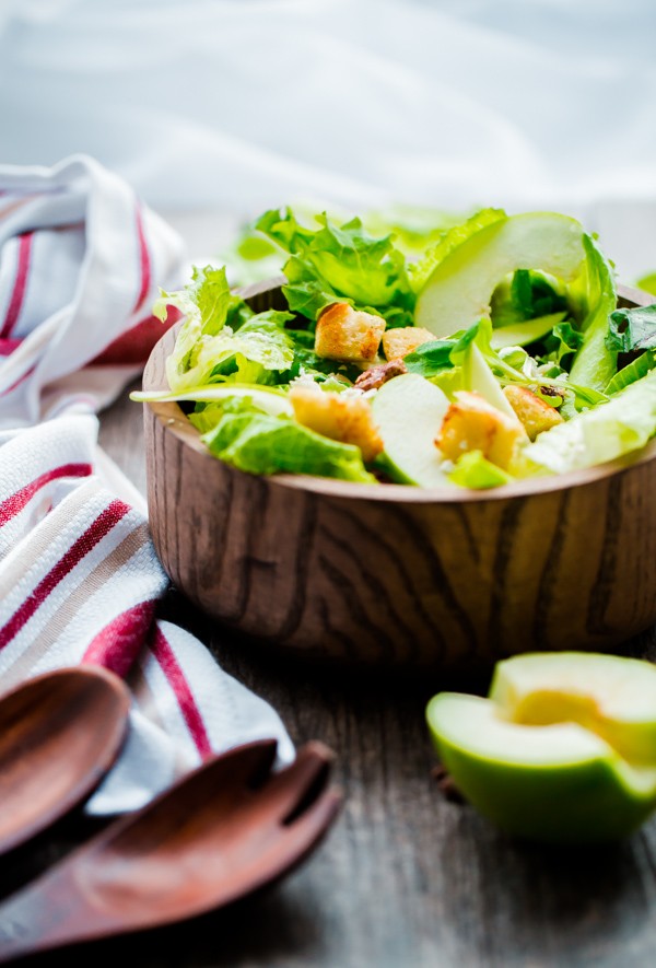 Apple and Gem Lettuce Salad with Candied Pecan, Feta, and Sourdough Croutons