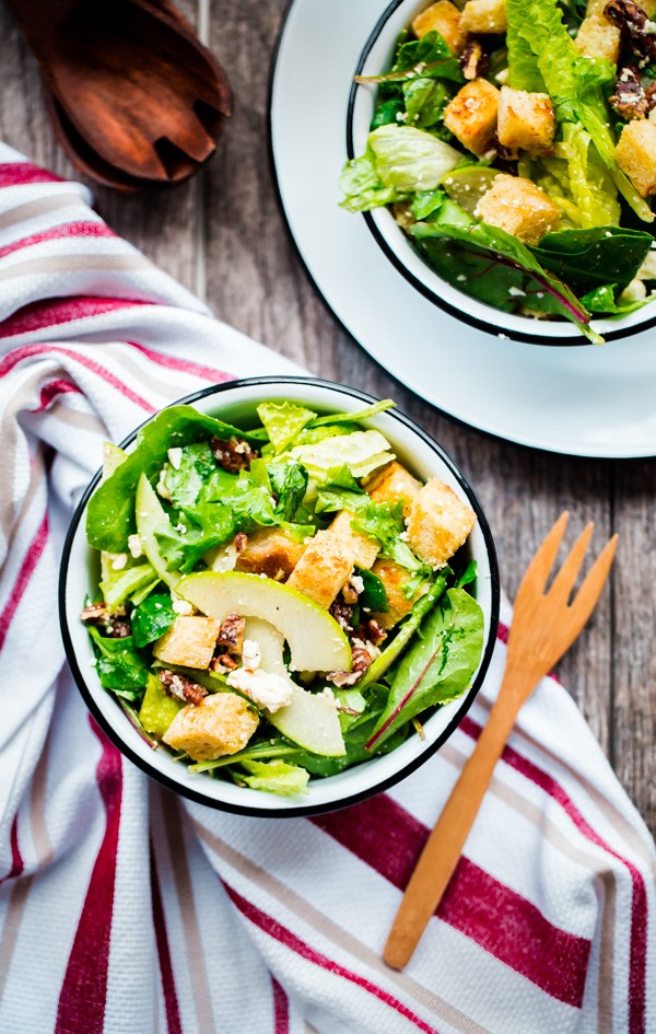 Apple and Gem Lettuce Salad with Candied Pecan, Feta, and Sourdough Croutons