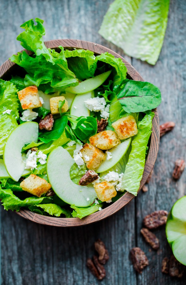 Apple and Gem Lettuce Salad with Candied Pecan, Feta, and Sourdough Croutons