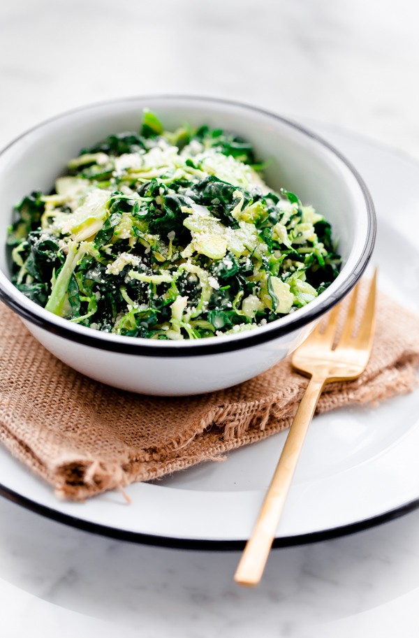 Shaved Broccoli, Brussels Sprouts, and Kale Salad with Truffle Parmesan Dressing. Hearty and filling!