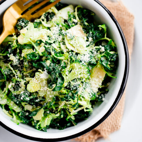 Shaved Broccoli, Brussels Sprouts, and Kale Salad with Truffle Parmesan