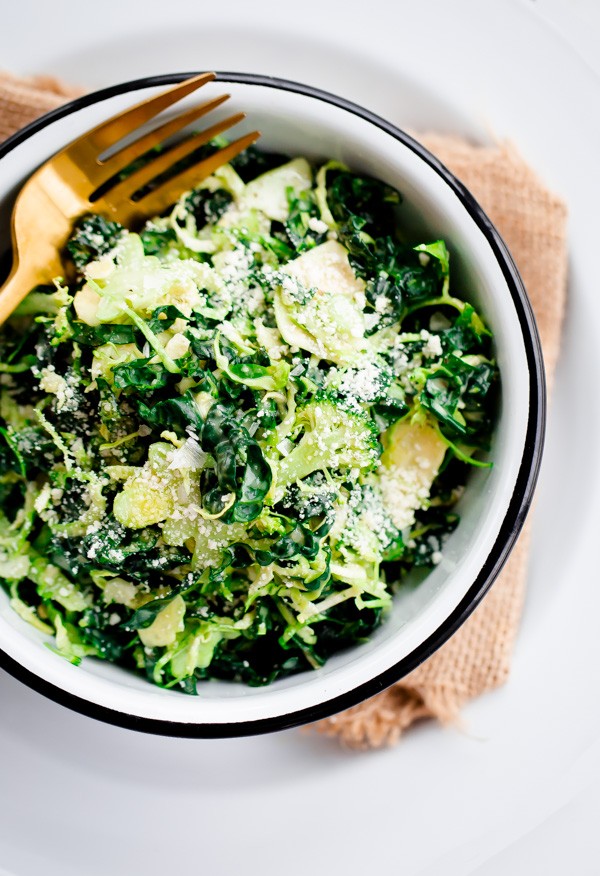 Shaved Broccoli, Brussels Sprouts, and Kale Salad with Truffle Parmesan Dressing. Hearty and filling!
