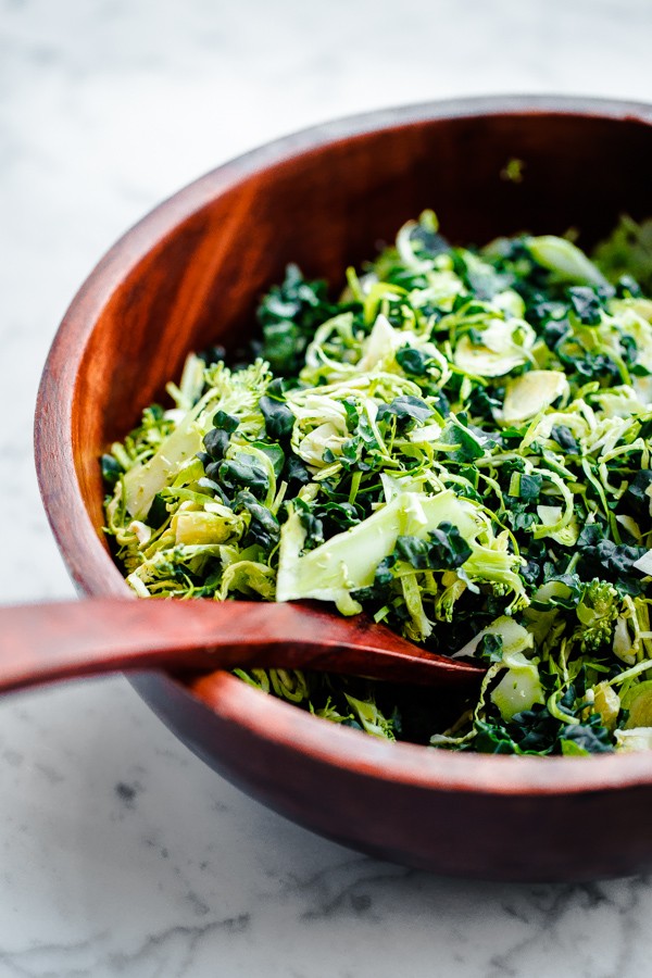 Shaved Broccoli, Brussels Sprouts, and Kale Salad with Truffle Parmesan Dressing. Hearty and filling!