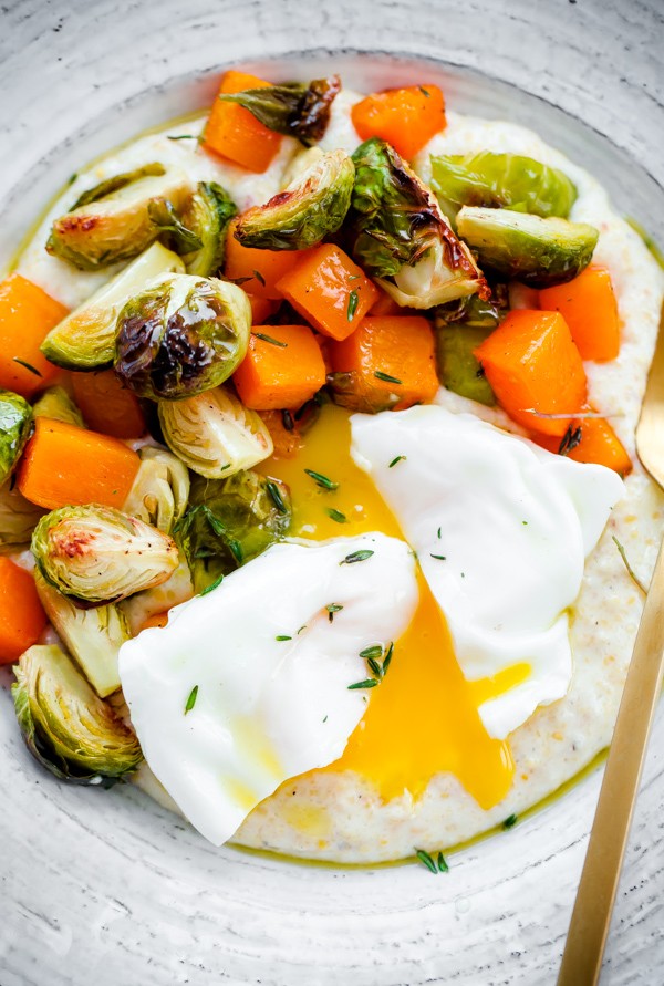 Creamy Goat Cheese Grits with Roasted Brussels Sprouts and Squash and Poached Eggs