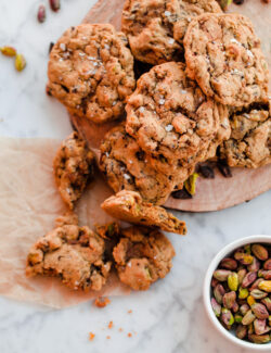 Orange Salted Pistachio Chocolate Chunk Cookies. These chewy fragrant cookies are extra chewy and can be whipped up in less than 30 minutes!