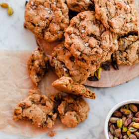 Orange Salted Pistachio Chocolate Chunk Cookies. These chewy fragrant cookies are extra chewy and can be whipped up in less than 30 minutes!
