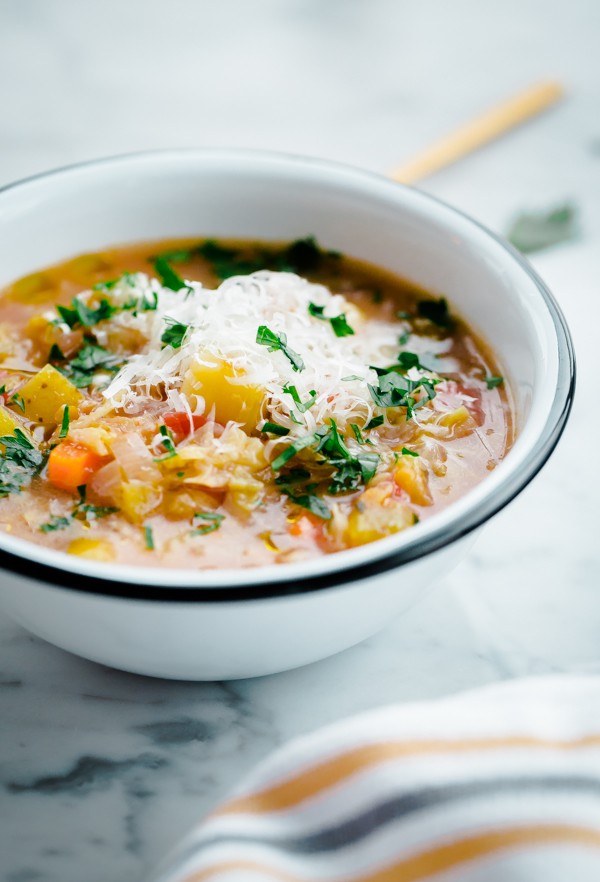Minestrone winter soup with red lentils