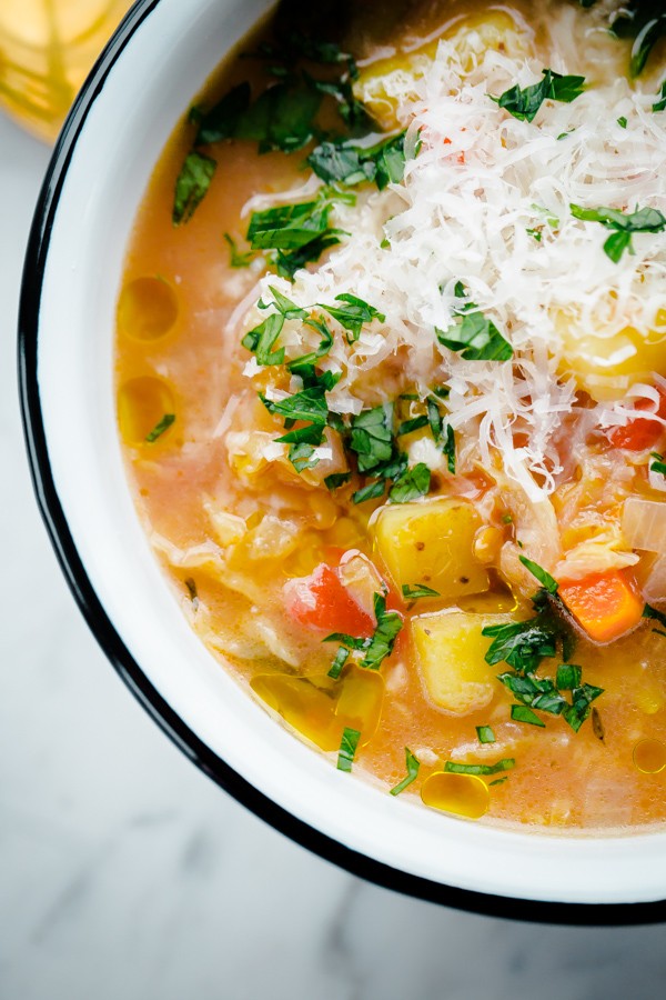 Slow Cooker Winter Vegetable Soup with Split Red Lentils - an EASY, healthy crock pot vegetarian soup that requires no cook time and is packed with fresh vegetables and red lentils! 