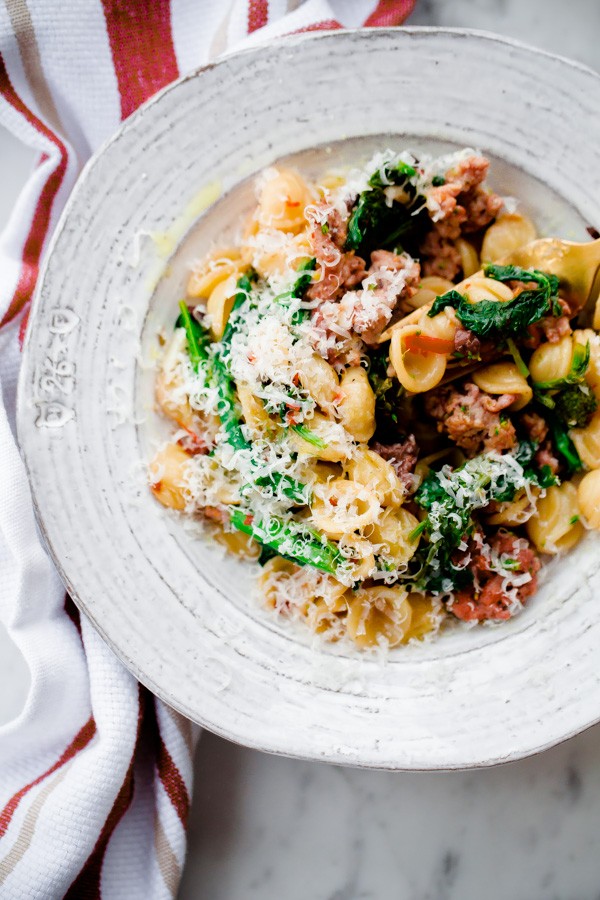 Orecchiette with Spicy Sausage, Broccoli Rabe, SunDried Tomatoes, and