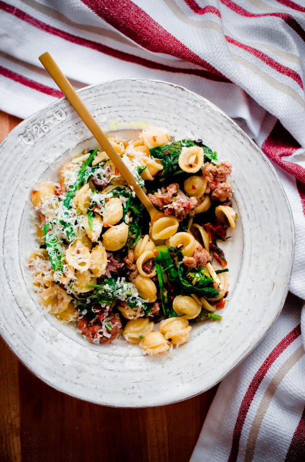 Orecchiette with Spicy Sausage, Broccoli Rabe, SunDried