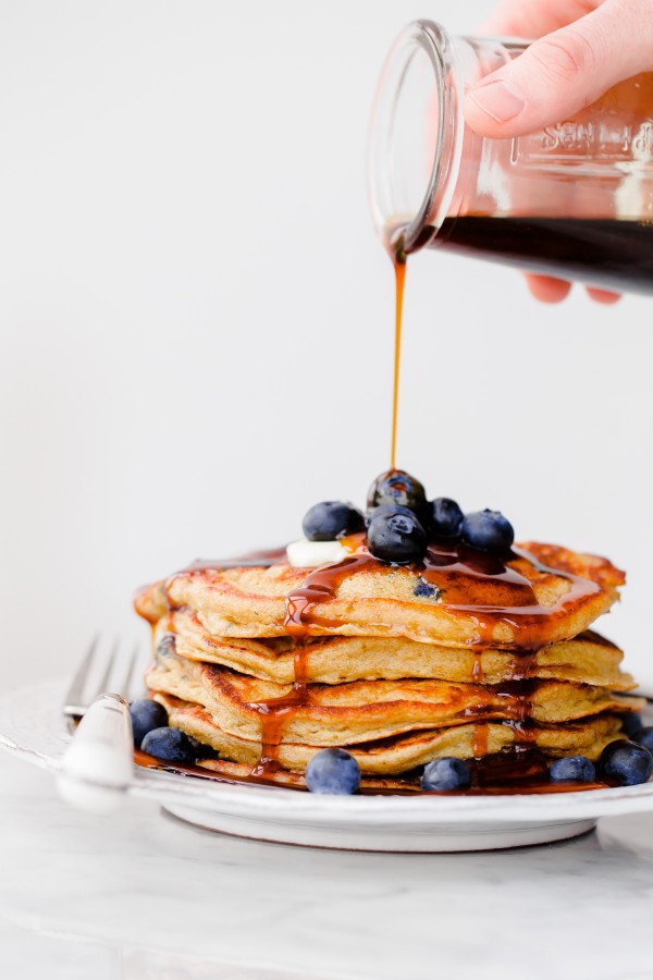 Blueberry Rye Pancakes with Molasses Syrup