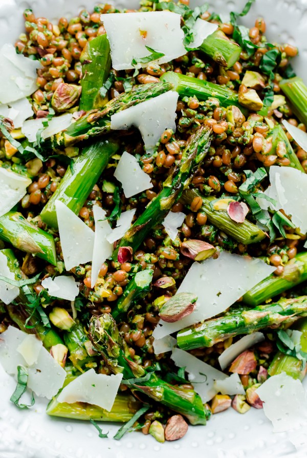 Roasted Asparagus Wheat Berry Salad with Arugula Pistachio Pesto