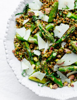 Roasted asparagus wheat berry salad with arugula pistachio pesto