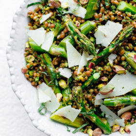 Roasted asparagus wheat berry salad with arugula pistachio pesto