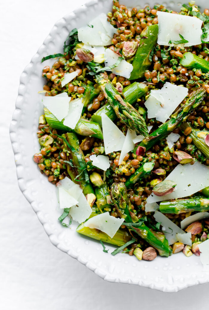 Roasted asparagus wheat berry salad with arugula pistachio pesto