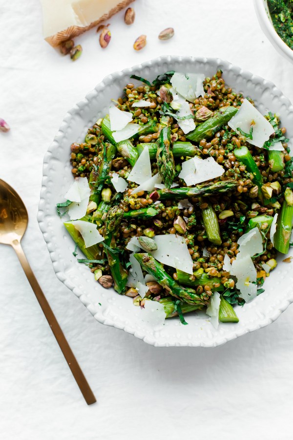 Roasted Asparagus Wheat Berry Salad with Arugula Pistachio Pesto