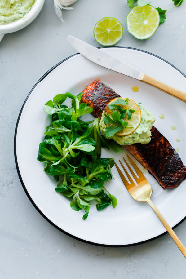 Brown Sugar and Chili Rubbed Salmon with Avocado Crema