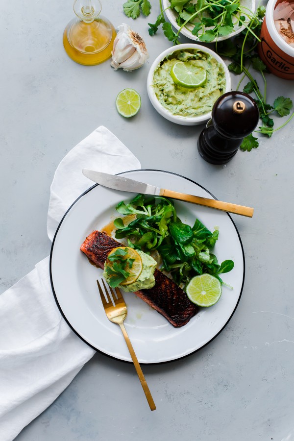 Brown Sugar and Chili Rubbed Salmon with Avocado Crema