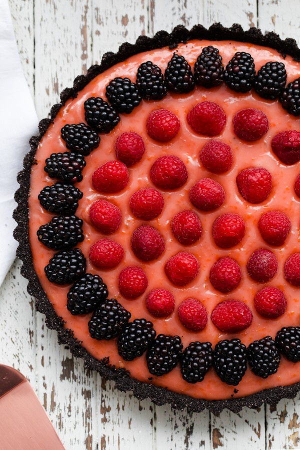 Triple Citrus Tart with Berries and Chocolate Crust 