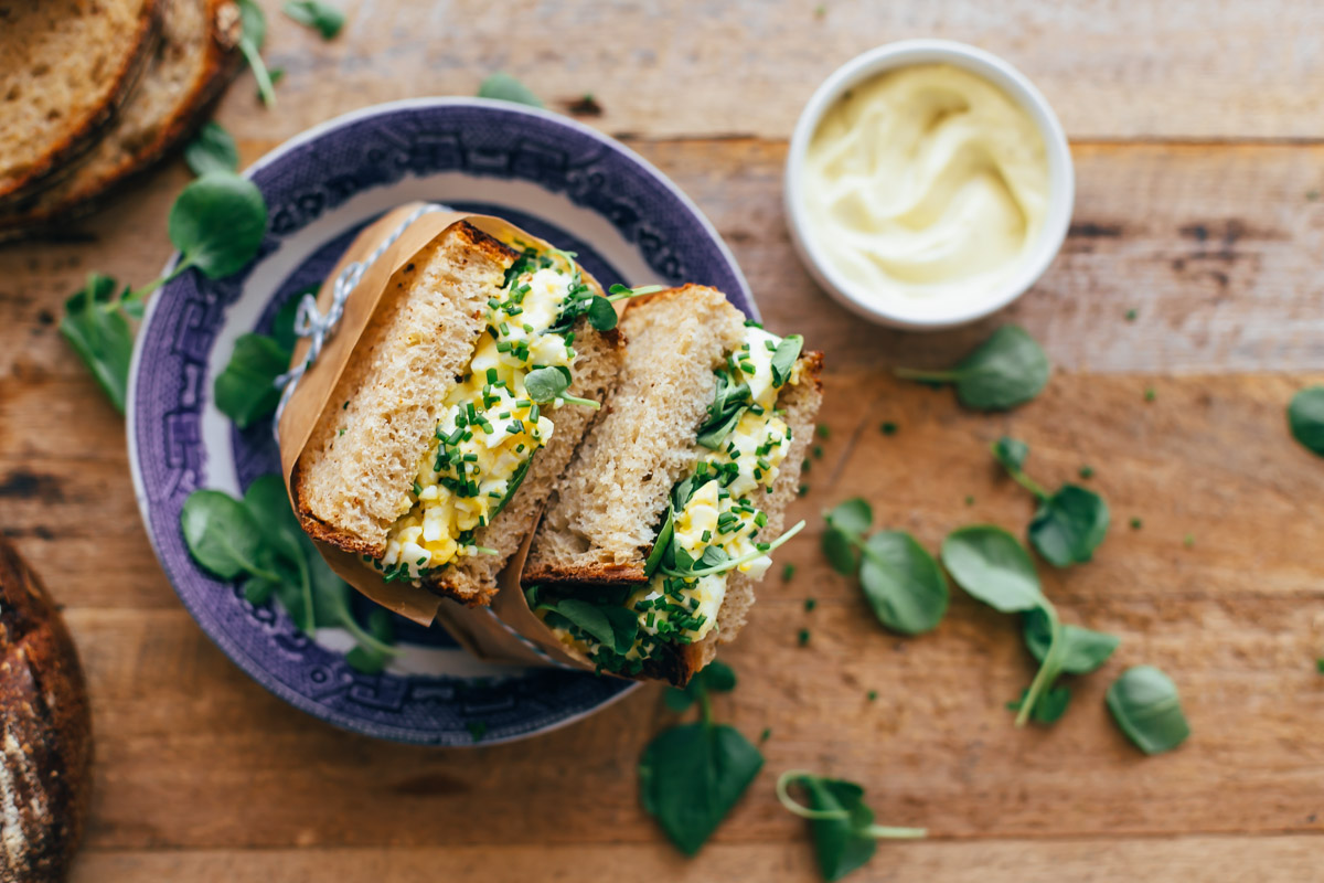 High Maintenance Egg Salad Sandwich with Watercress, Chives, and Homemade Mayonnaise